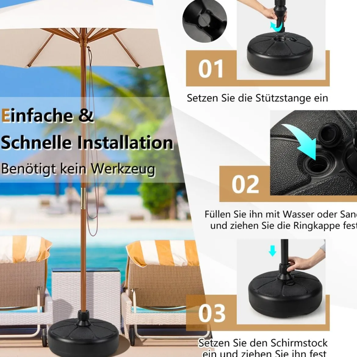 Füllbarer runder Schirmständer mit 37 cm Durchmesser für maximal 12 Kg Schwarz