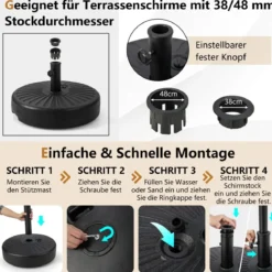 Füllbarer runder Schirmständer mit 50 cm Durchmesser für maximal 34 Kg Schwarz