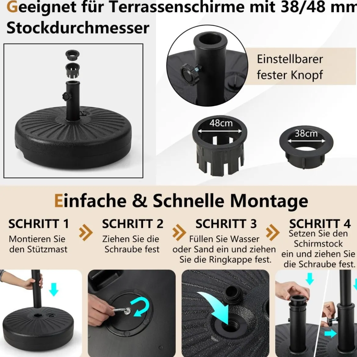 Füllbarer runder Schirmständer mit 50 cm Durchmesser für maximal 34 Kg Schwarz