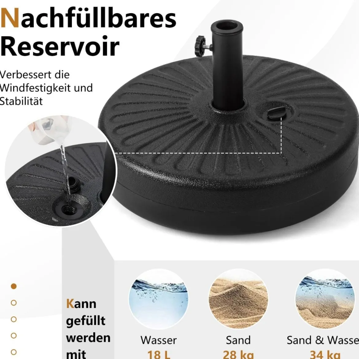 Füllbarer runder Schirmständer mit 50 cm Durchmesser für maximal 34 Kg Schwarz