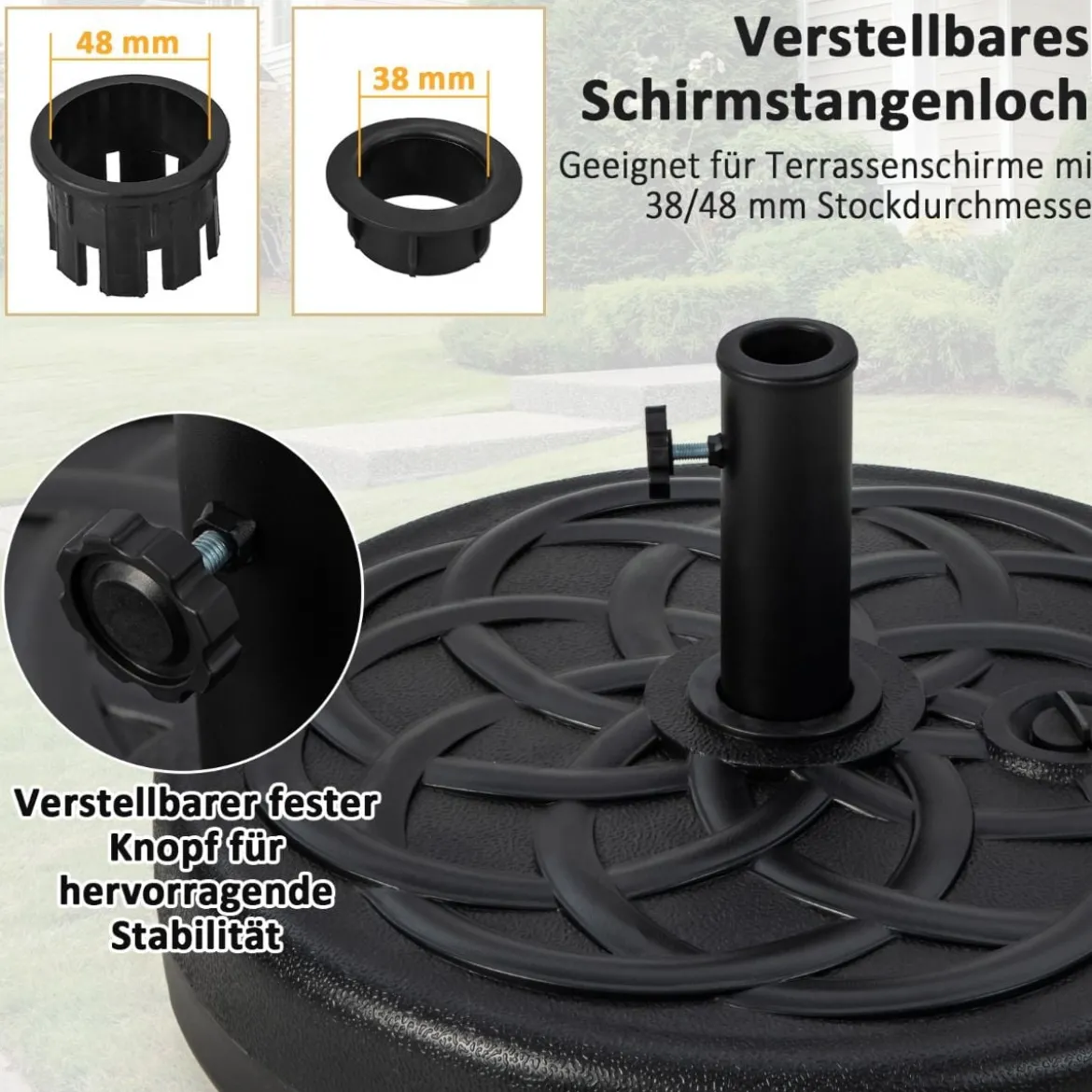 Füllbarer runder Schirmständer mit 56 cm Durchmesser für maximal 46 Kg Schwarz
