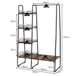 Freistehende Garderobe Kleiderständer aus Metall mit Regalen 100 x 40 x 150 cm