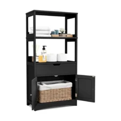 Freistehender Badezimmerschrank mit 2 Türen & 3 offenen Regalen & Schublade Hochschrank Schwarz