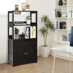 Freistehender Badezimmerschrank mit 2 Türen & 3 offenen Regalen & Schublade Hochschrank Schwarz