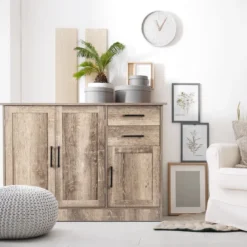 Freistehender Buffetschrank mit 2 Schubladen 3 Türen und 1 verstellbarem Regal Grau