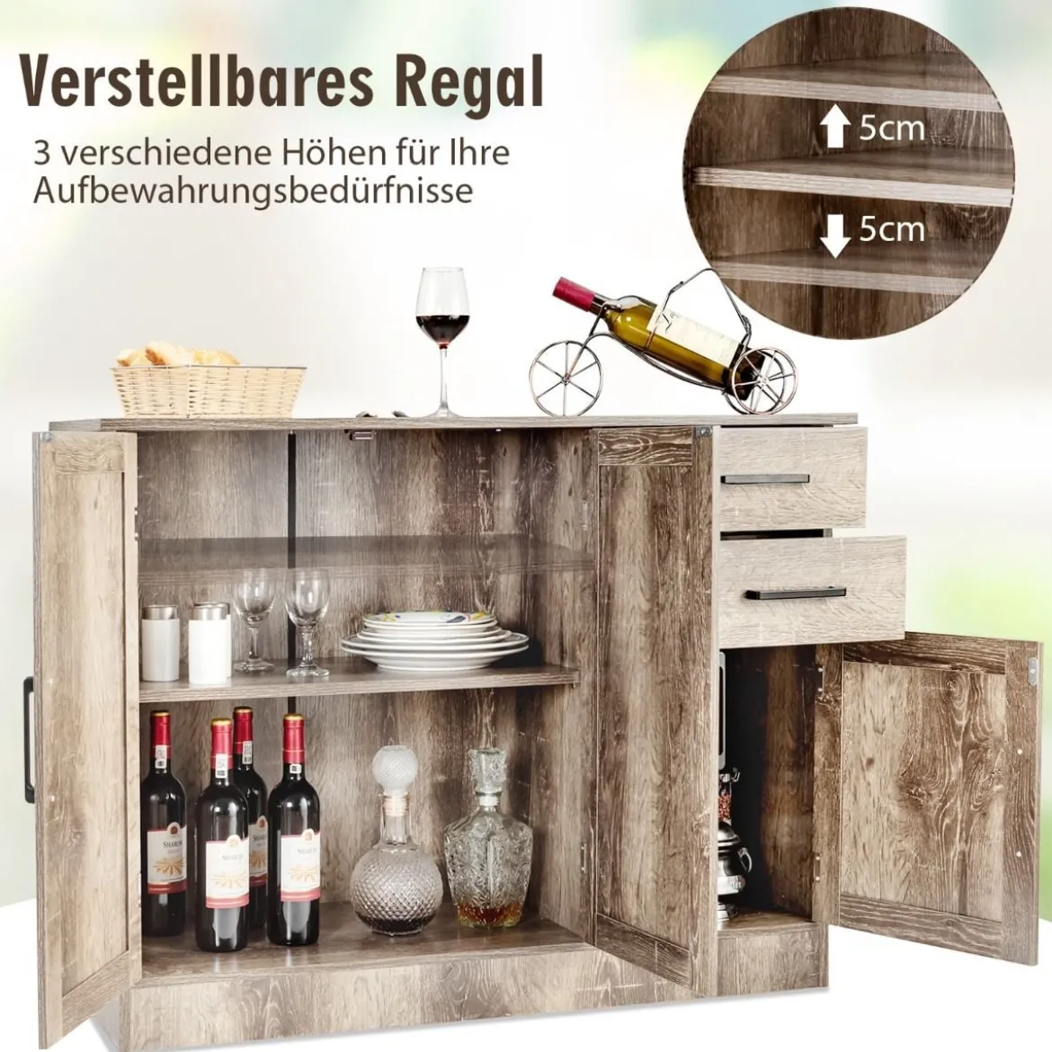 Freistehender Buffetschrank mit 2 Schubladen 3 Türen und 1 verstellbarem Regal Grau