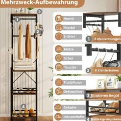 Freistehender Garderobenständer schlanker Hallbaum mit 4 Ablageflächen 6 Haken & 3 Kleiderstangen Braun