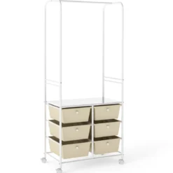 Freistehender Garderobenständer mit Rollen 6 Schubladen & Kleiderstange 63 x 38 x 152 cm Weiß
