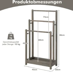 Freistehender Handtuchhalter aus Holz mit 3 Handtuchstangen & Unterer Ablage & Kippschutz
