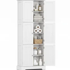 Freistehender Hochschrank mit 6 Türen & 3 Geschlossenen Schränken 60 x 30 x 160 cm Weiß
