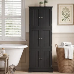 Freistehender Hochschrank mit 6 Türen & 3 Geschlossenen Schränken 60 x 30 x 160 cm Schwarz