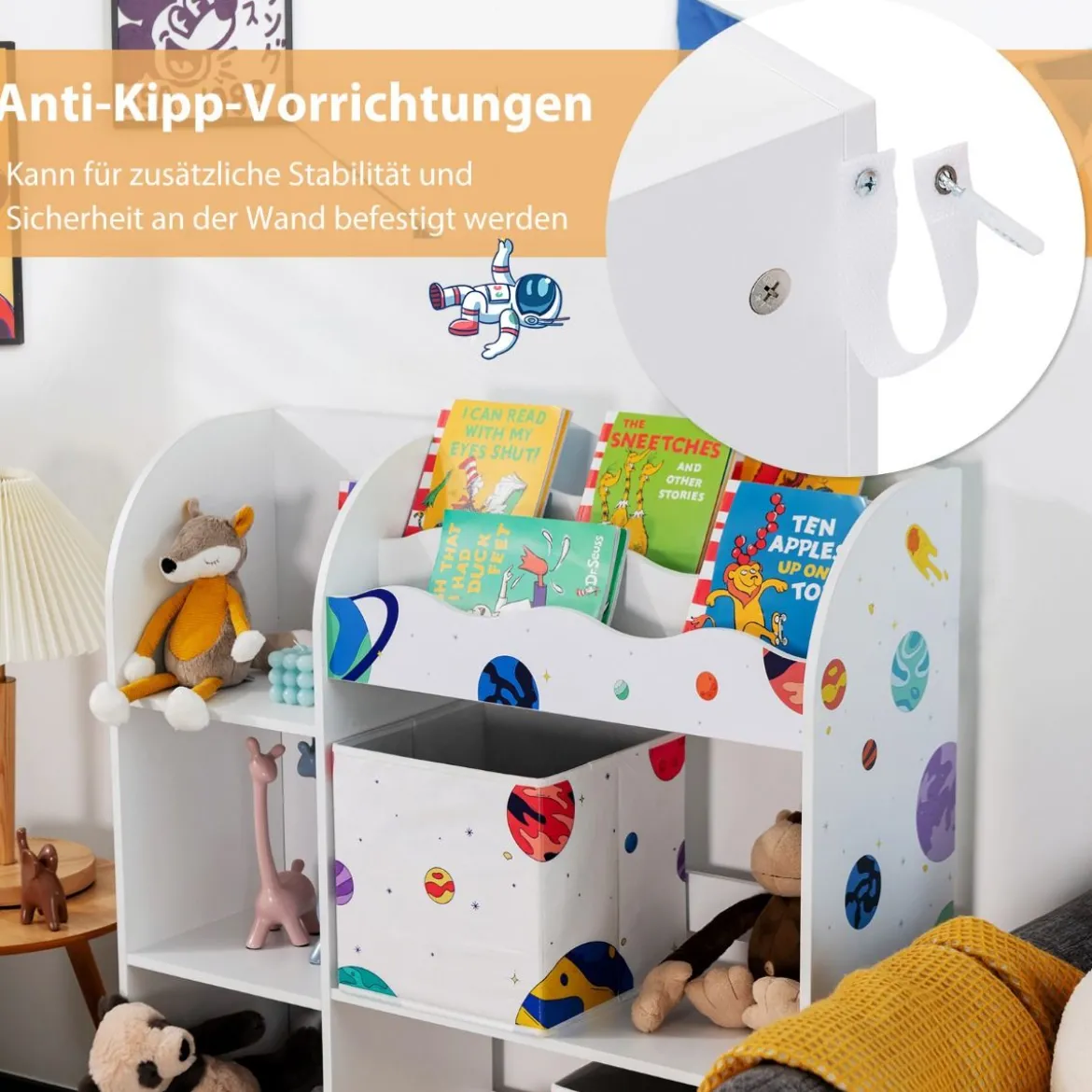 Freistehender Kinderzimmerschrank 3-stöckiger Kinderzimmerregal Spielzeug-Organizer für Kleinkinder Asteroiden Weiß