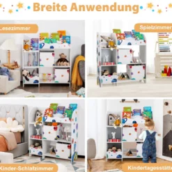 Freistehender Kinderzimmerschrank 3-stöckiger Kinderzimmerregal Spielzeug-Organizer für Kleinkinder Asteroiden Weiß
