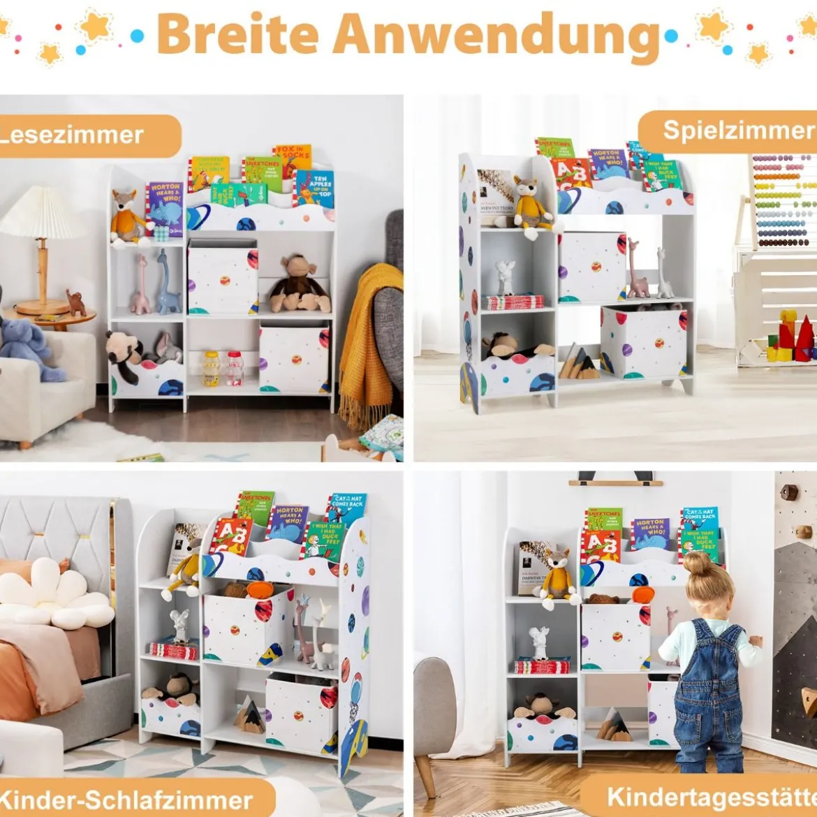 Freistehender Kinderzimmerschrank 3-stöckiger Kinderzimmerregal Spielzeug-Organizer für Kleinkinder Asteroiden Weiß