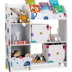 Freistehender Kinderzimmerschrank 3-stöckiger Kinderzimmerregal Spielzeug-Organizer für Kleinkinder Asteroiden Weiß