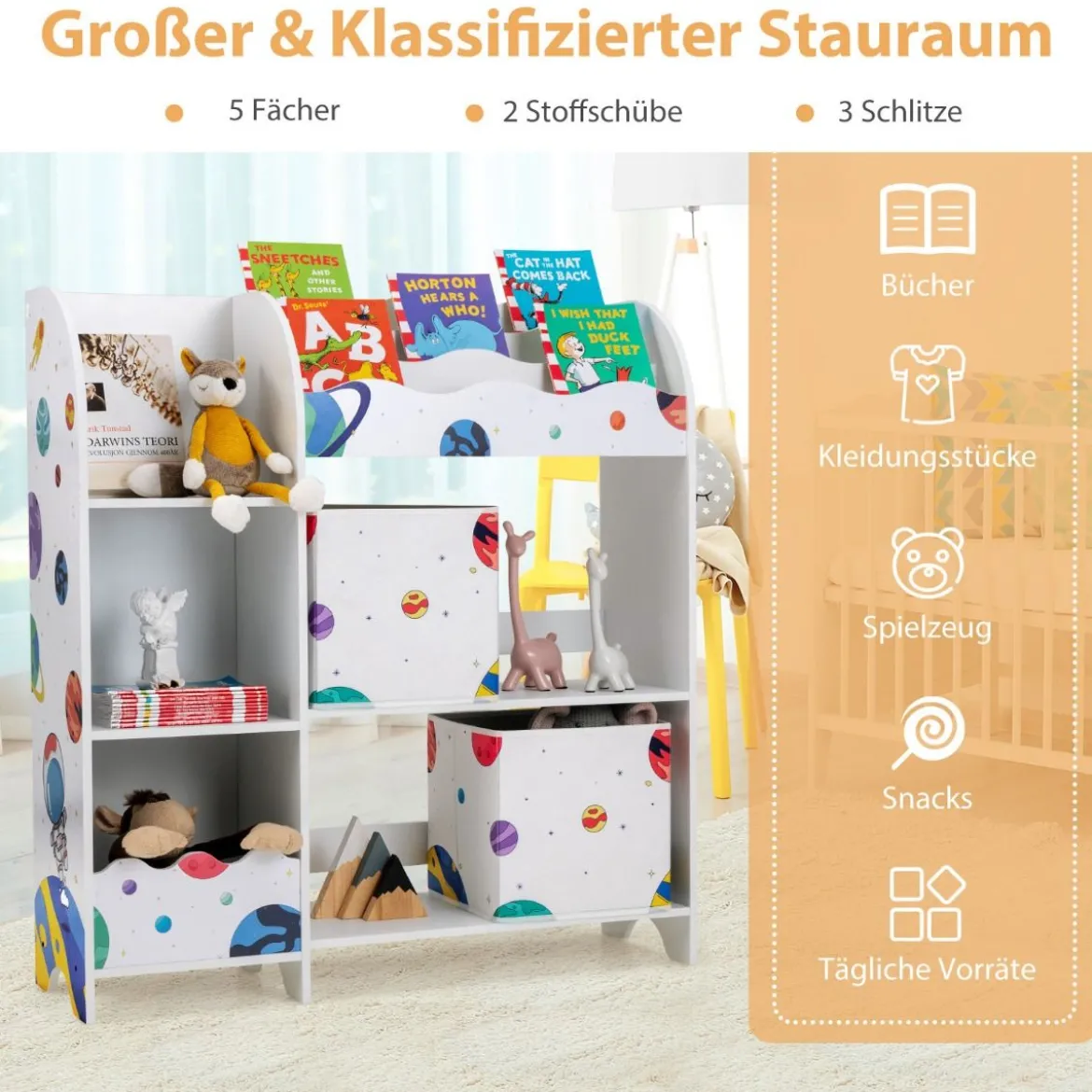 Freistehender Kinderzimmerschrank 3-stöckiger Kinderzimmerregal Spielzeug-Organizer für Kleinkinder Asteroiden Weiß