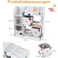 Freistehender Kinderzimmerschrank 3-stöckiger Kinderzimmerregal Spielzeug-Organizer für Kleinkinder Asteroiden Weiß