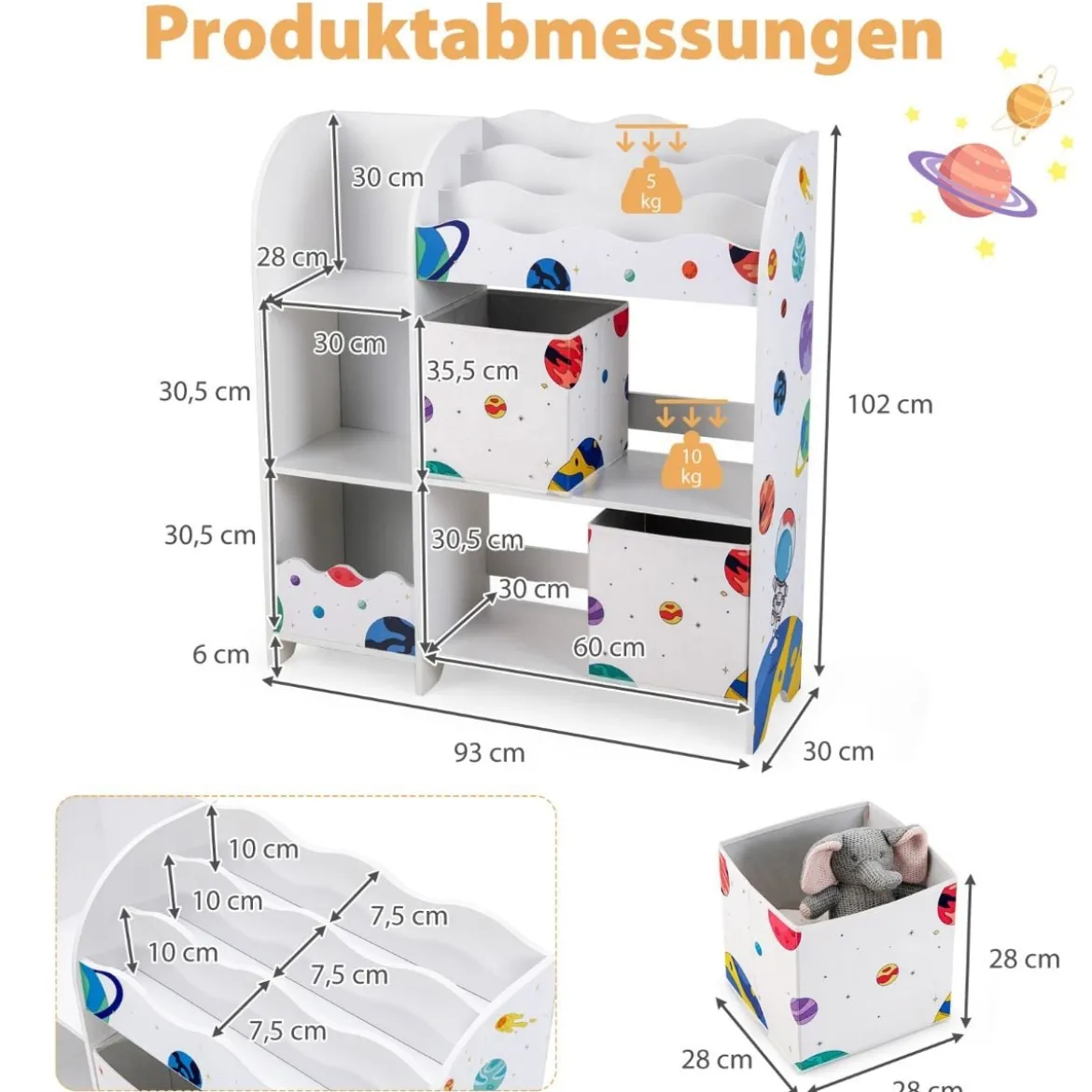 Freistehender Kinderzimmerschrank 3-stöckiger Kinderzimmerregal Spielzeug-Organizer für Kleinkinder Asteroiden Weiß