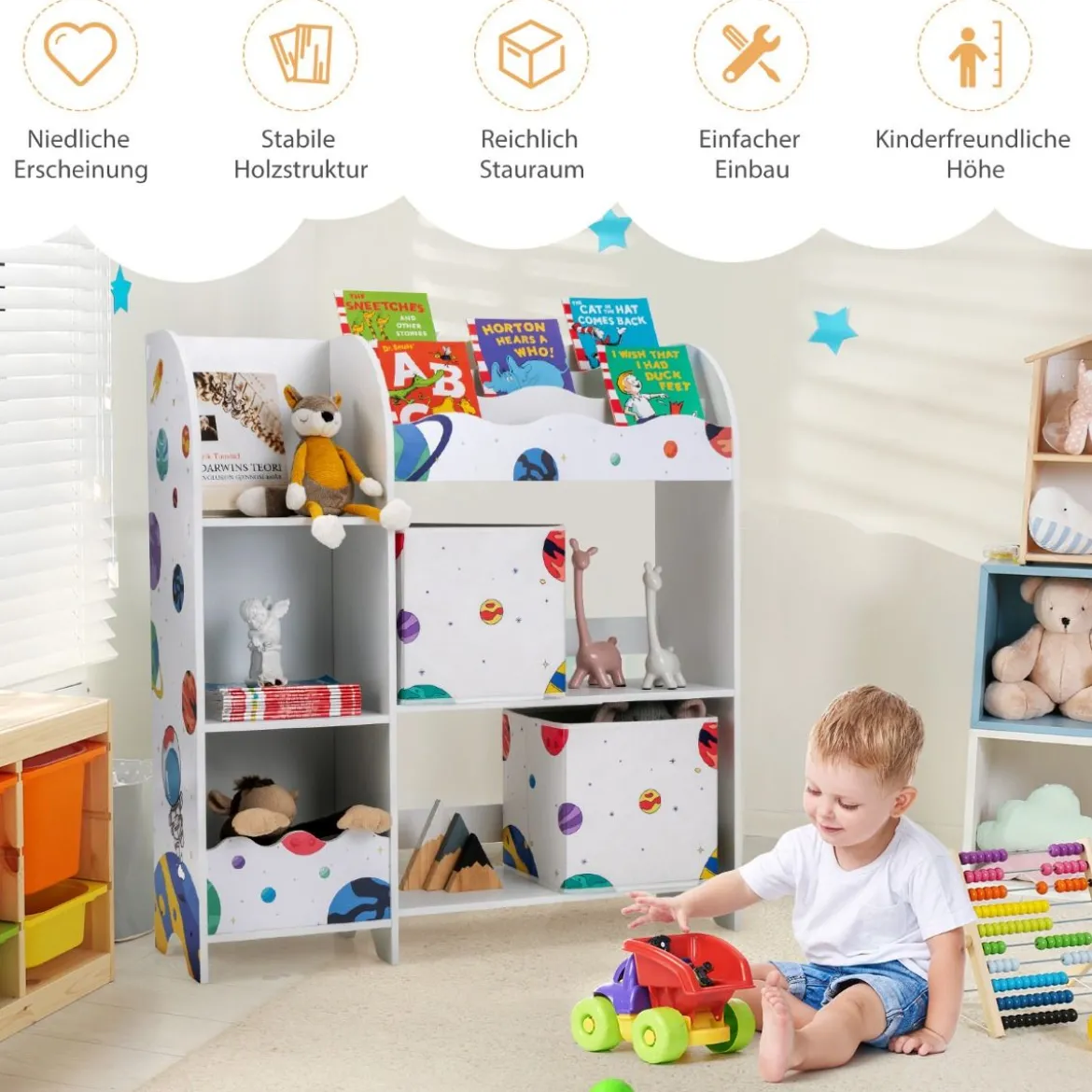 Freistehender Kinderzimmerschrank 3-stöckiger Kinderzimmerregal Spielzeug-Organizer für Kleinkinder Asteroiden Weiß