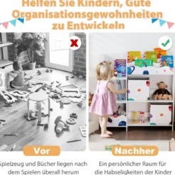 Freistehender Kinderzimmerschrank 3-stöckiger Kinderzimmerregal Spielzeug-Organizer für Kleinkinder Asteroiden Weiß