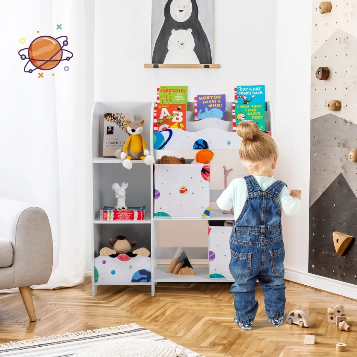 Freistehender Kinderzimmerschrank 3-stöckiger Kinderzimmerregal Spielzeug-Organizer für Kleinkinder Asteroiden Weiß