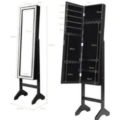 Freistehender Schmuckschrank mit Ganzkörperspiegel Schmuckregal35,5 × 33 × 153 cm Schwarz