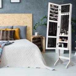 Freistehender Schmuckschrank mit Spiegel verstellbarer Schmuckregal 35,5 × 33 x 153 cm Weiß