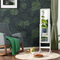 Freistehender Schmuckschrank mit Spiegel verstellbarer Schmuckregal 35,5 × 33 x 153 cm Weiß