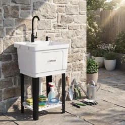 Freistehendes Ausgussbecken Quadratisches Waschbecken aus Kunststoff mit 360° Drehbarem Wasserhahn Weiß