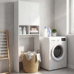 Freistehendes Toilettenregal mit Doppeltür & 2 Offenen Fächern Toilettenschrank mit Verstellbarem Einlegeboden