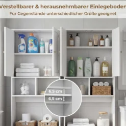 Freistehendes Toilettenregal mit Doppeltür & 2 Offenen Fächern Toilettenschrank mit Verstellbarem Einlegeboden