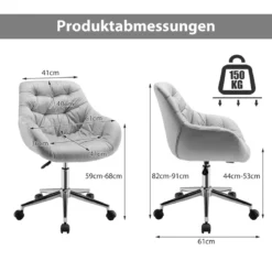 Freizeitsessel aus Samt Höhenverstellbarer Drehstuhl mit Rollen Grau