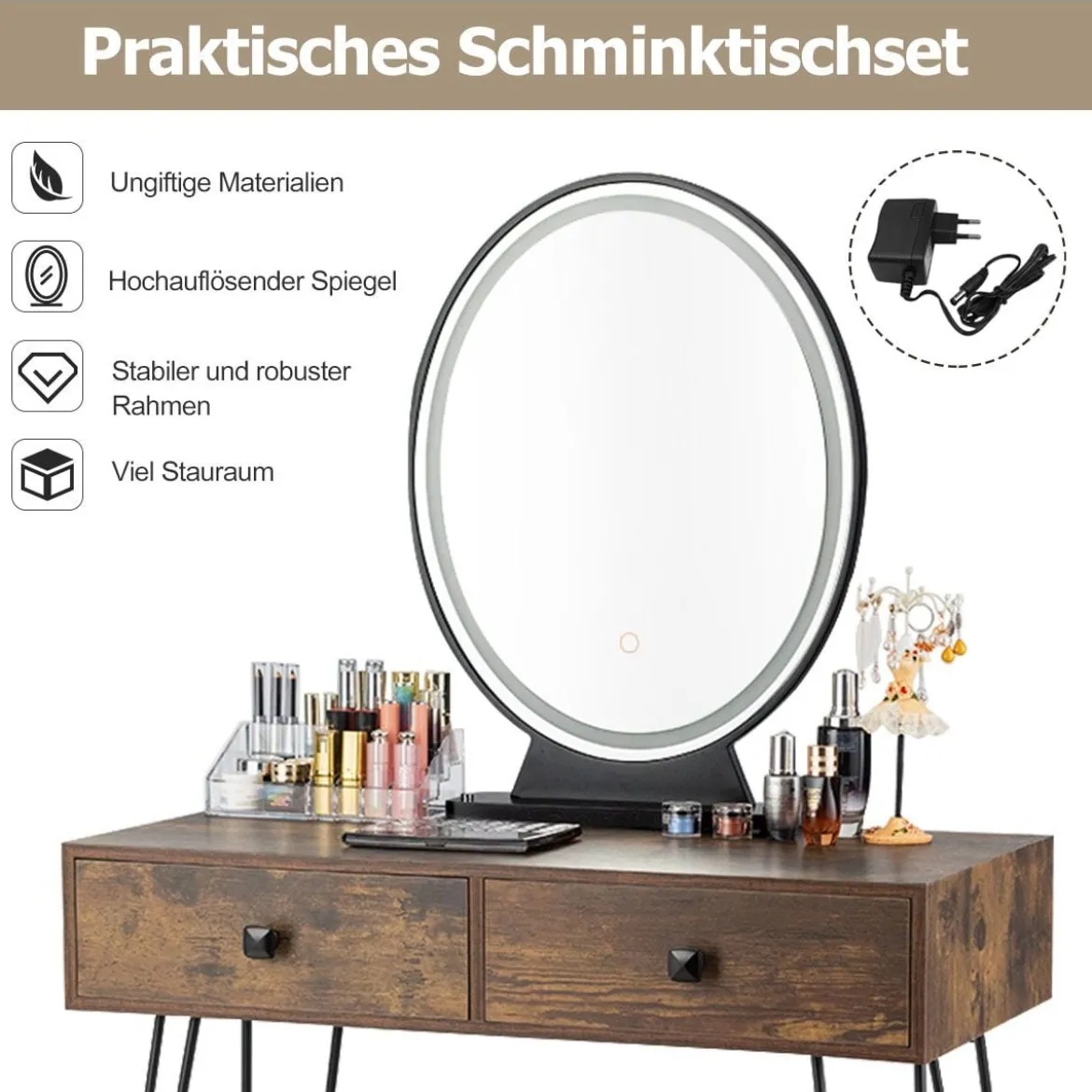 Frisiertisch-Set mit beleuchtetem Spiegel Schminktisch mit gepolstertem Hocker und Acrylbox 80 x 40 x 136 cm