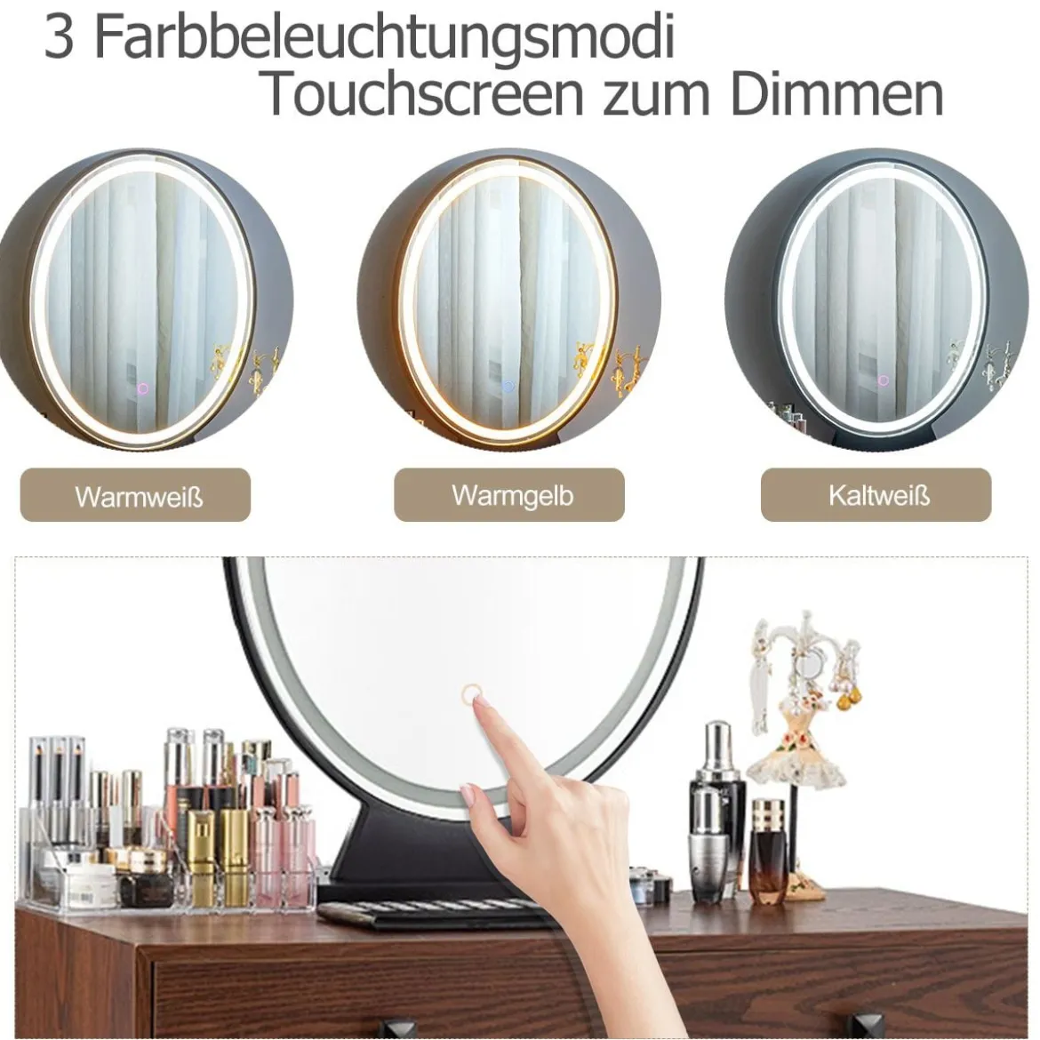 Frisiertisch-Set mit beleuchtetem Spiegel Schminktisch mit gepolstertem Hocker und Acrylbox 80 x 40 x 136 cm