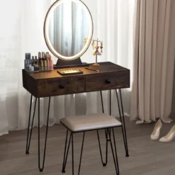 Frisiertisch-Set mit beleuchtetem Spiegel Schminktisch mit gepolstertem Hocker und Acrylbox 80 x 40 x 136 cm