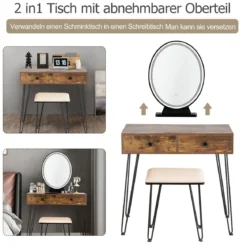 Frisiertisch-Set mit beleuchtetem Spiegel Schminktisch mit gepolstertem Hocker und Acrylbox 80 x 40 x 136 cm