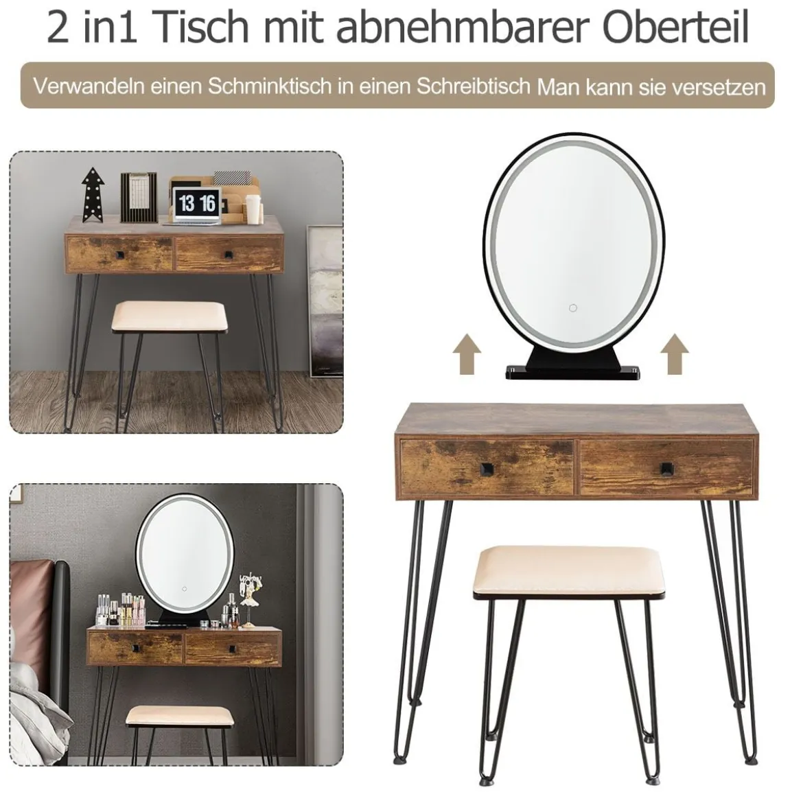 Frisiertisch-Set mit beleuchtetem Spiegel Schminktisch mit gepolstertem Hocker und Acrylbox 80 x 40 x 136 cm