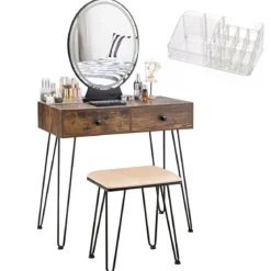 Frisiertisch-Set mit beleuchtetem Spiegel Schminktisch mit gepolstertem Hocker und Acrylbox 80 x 40 x 136 cm