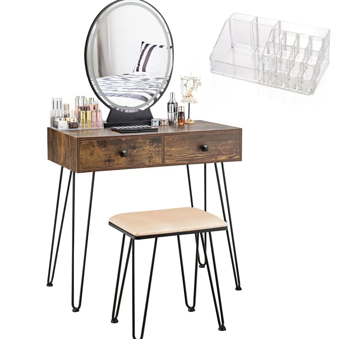 Frisiertisch-Set mit beleuchtetem Spiegel Schminktisch mit gepolstertem Hocker und Acrylbox 80 x 40 x 136 cm