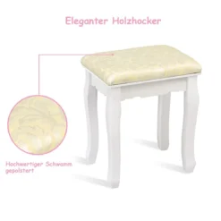 Frisiertisch Set Schminktisch aus Holz mit Hocker und Spiegel Weiß