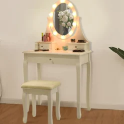 Frisiertisch Set Schminktisch aus Holz mit Hocker und Spiegel Weiß