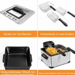 Fritteuse mit Fett 5 L aus Edelstahl 1700 W mit 3 Frittierkörben Sichtfenster & Wärmeisolierter Griff