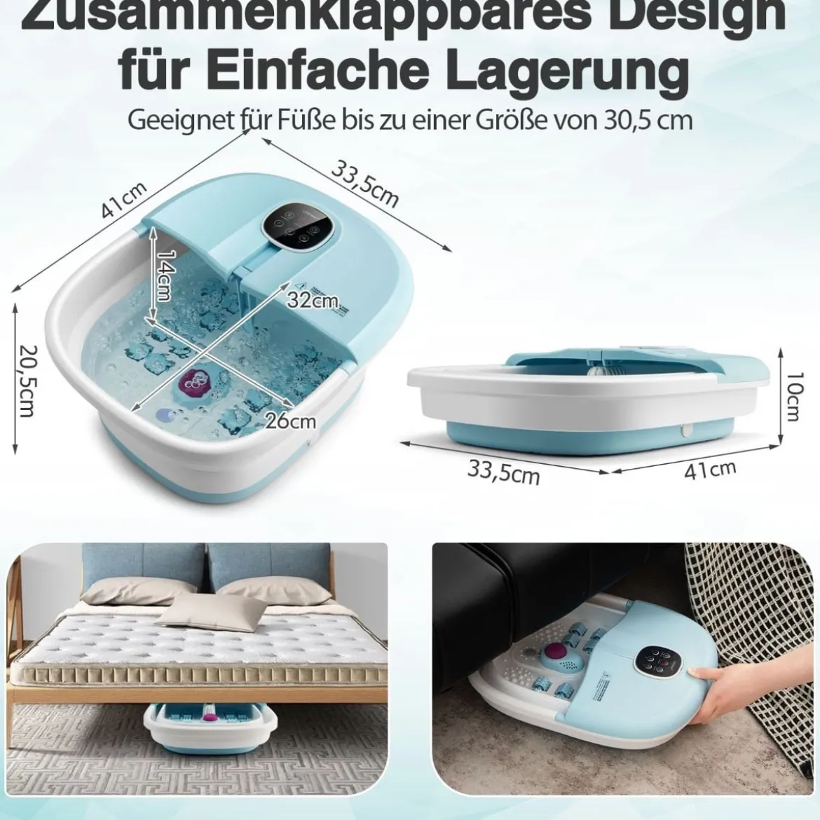 Fußbad Massagegerät Faltbar Elektrische Fußbadewanne Heizung 33,5 x 41 x 20,5 cm Blau