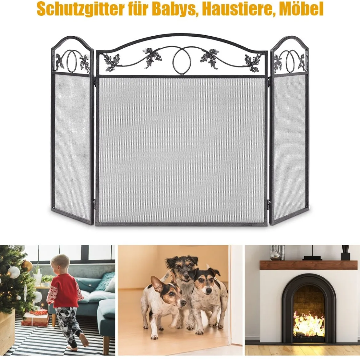 Funkenschutzgitter mit Stabilem Metallrahmen 3-teilige Faltbare Kamingitter Schwarz