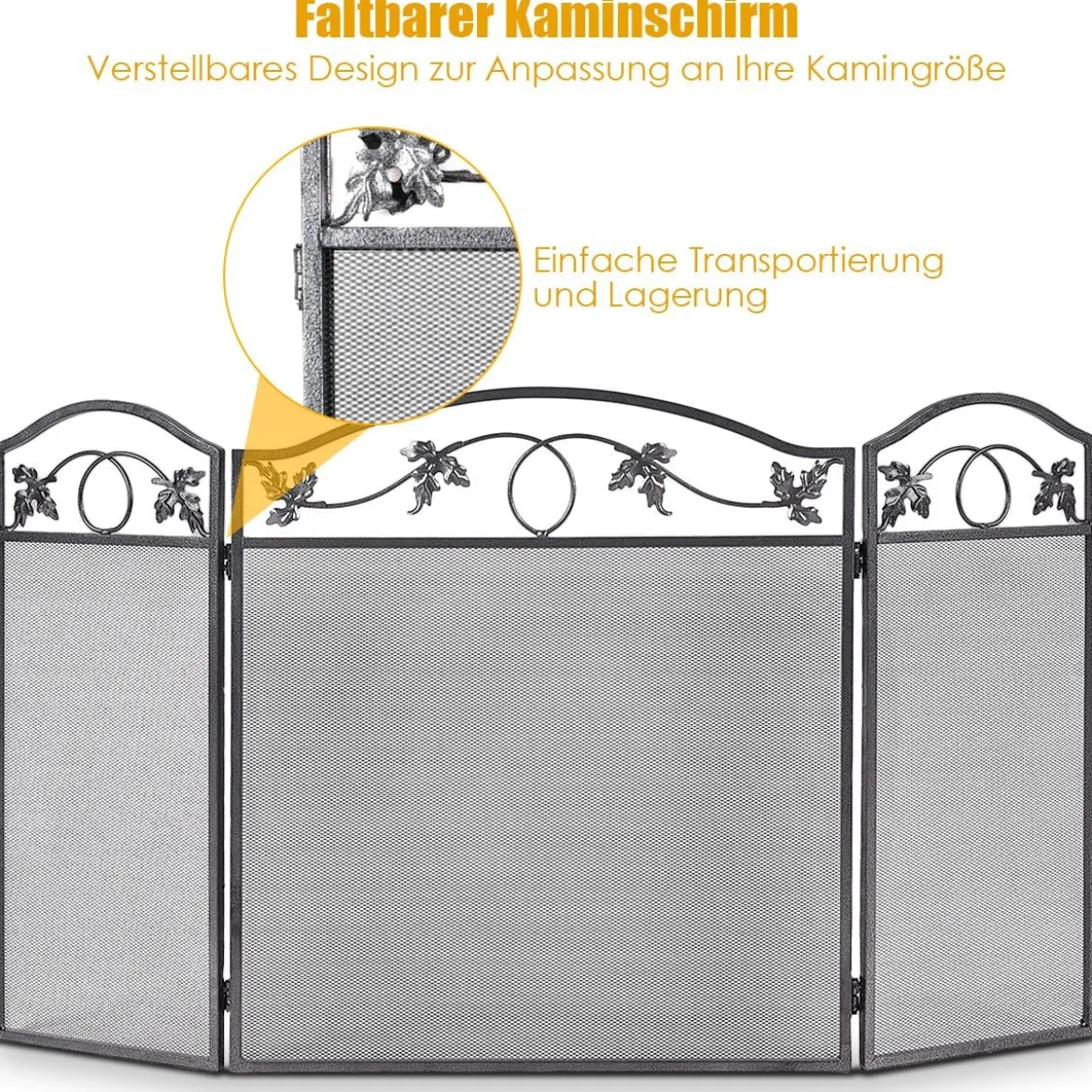 Funkenschutzgitter mit Stabilem Metallrahmen 3-teilige Faltbare Kamingitter Schwarz