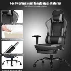 Gaming Stuhl höhenverstellbar Drehstuhl mit gepolsterte hohe Rückenlehne für Büro Schwarz + Grau
