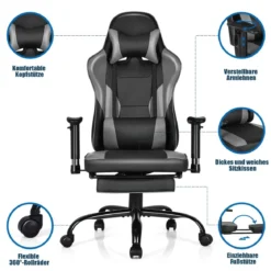 Gaming Stuhl höhenverstellbar Drehstuhl mit gepolsterte hohe Rückenlehne für Büro Schwarz + Grau