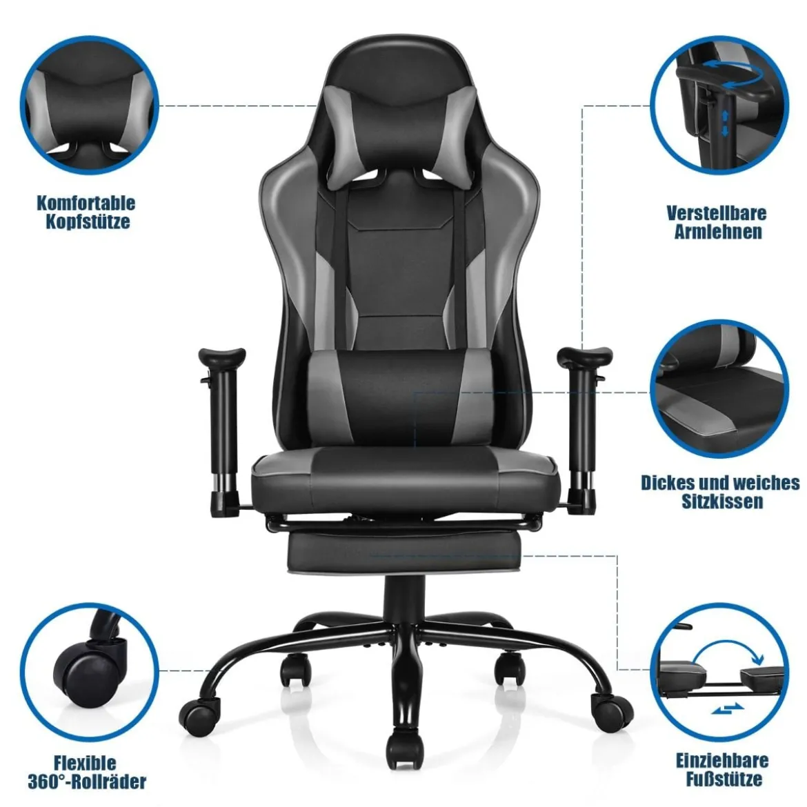 Gaming Stuhl höhenverstellbar Drehstuhl mit gepolsterte hohe Rückenlehne für Büro Schwarz + Grau
