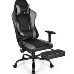 Gaming Stuhl höhenverstellbar Drehstuhl mit gepolsterte hohe Rückenlehne für Büro Schwarz + Grau