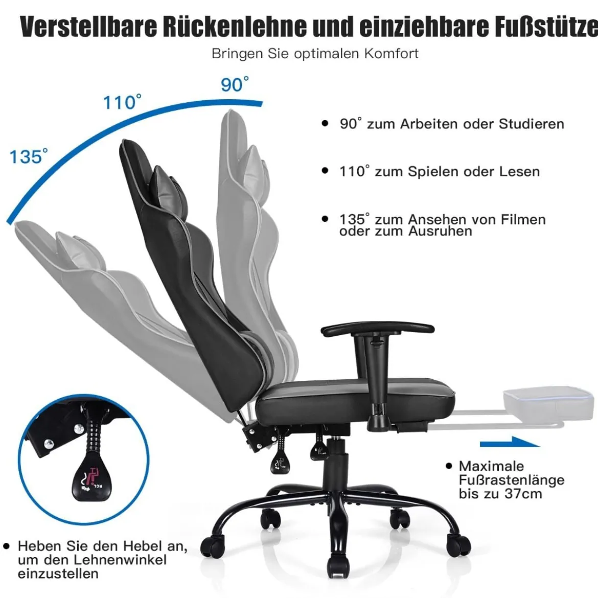 Gaming Stuhl höhenverstellbar Drehstuhl mit gepolsterte hohe Rückenlehne für Büro Schwarz + Grau